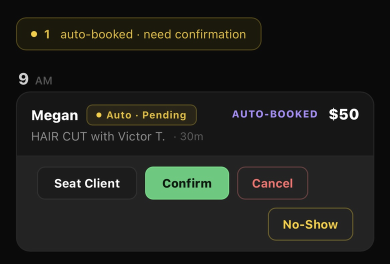 An auto-booked appointment waiting for confirmation