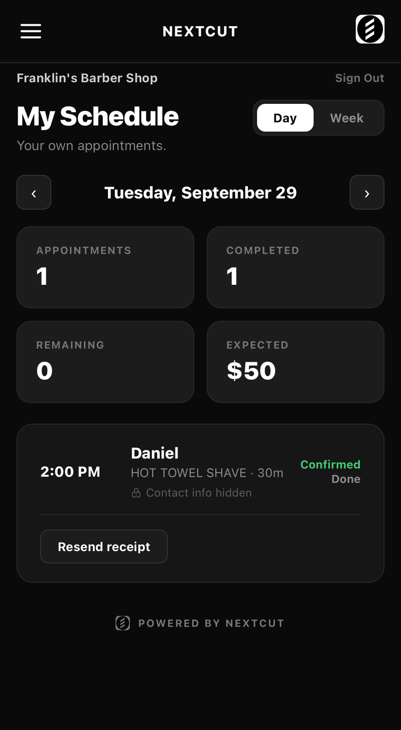 A barber's own schedule on a phone