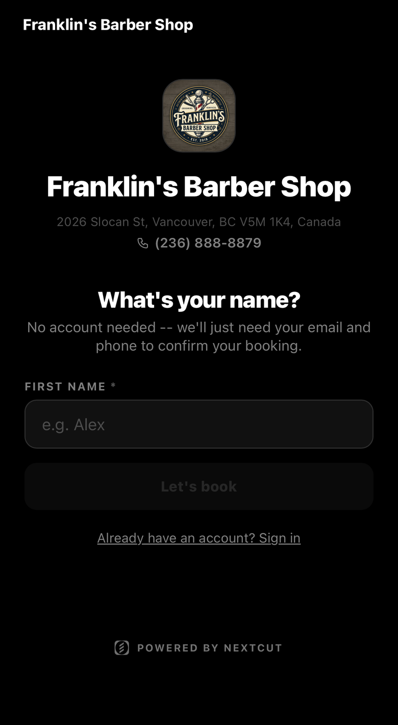 A shop's booking page on a phone