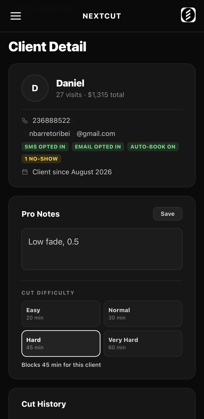 Client detail with notes and cut difficulty in NEXTCUT