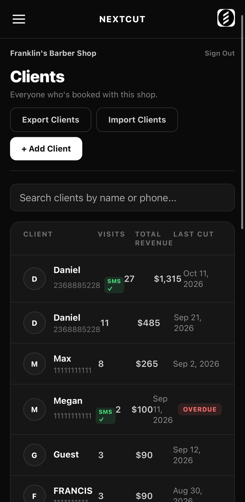 Client list with import and export in NEXTCUT