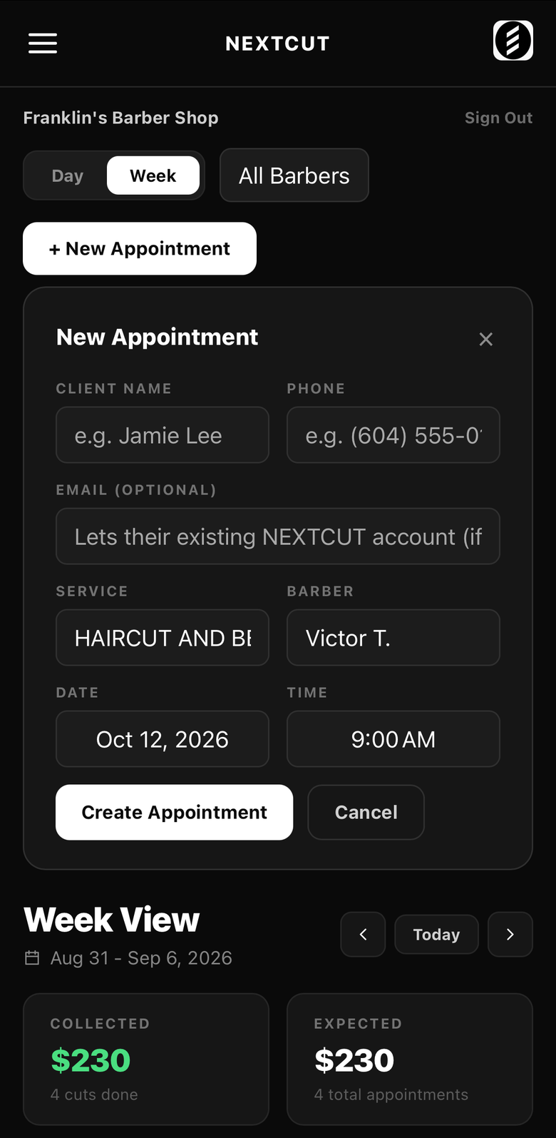 New appointment form in NEXTCUT