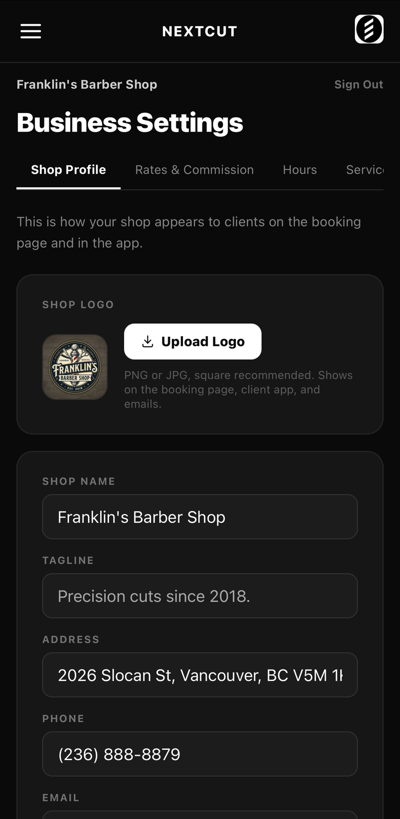 Business settings in NEXTCUT