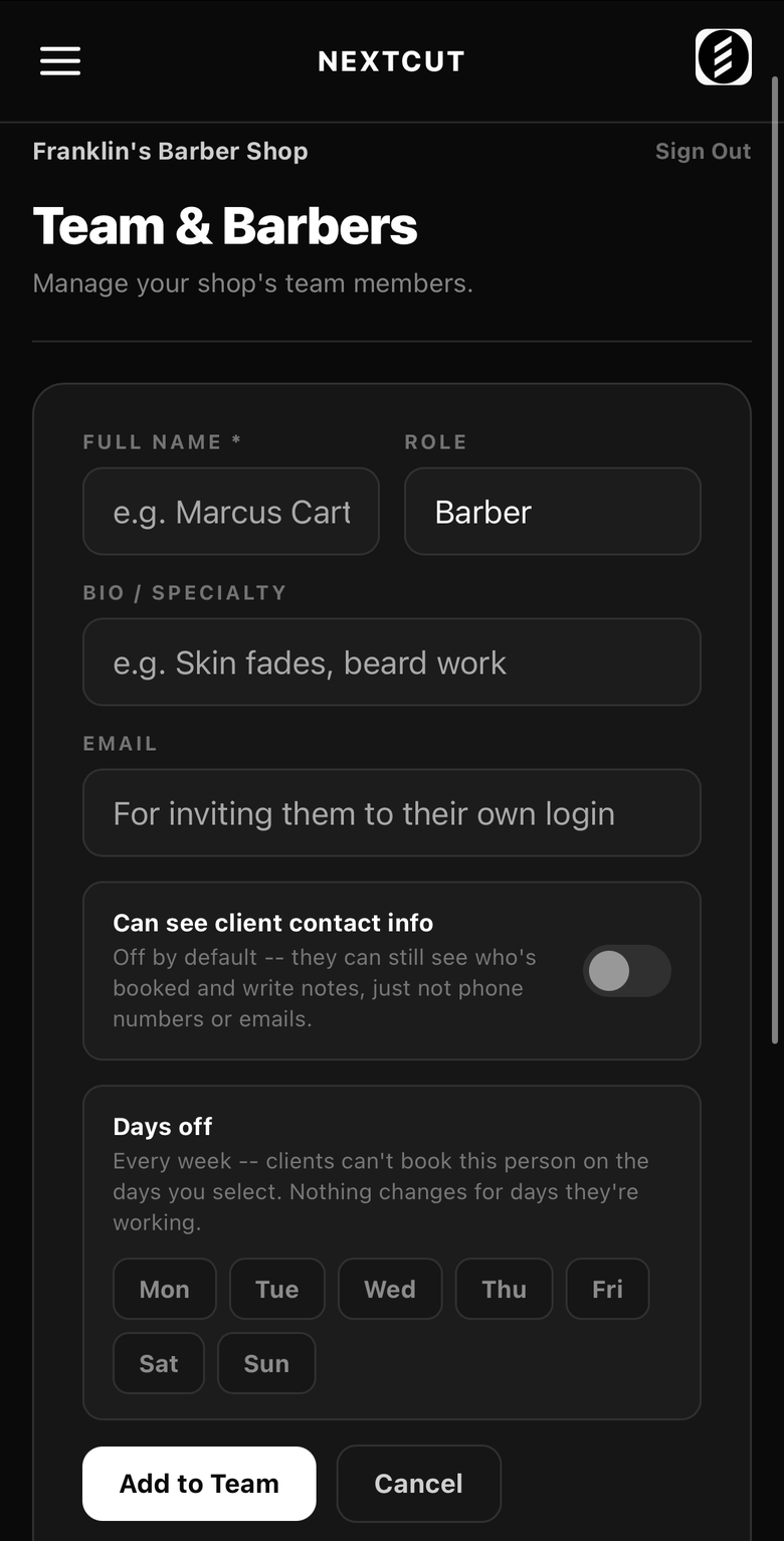 Adding a barber to the team in NEXTCUT